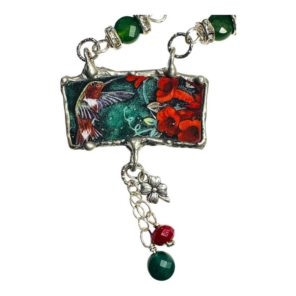 Handmade Jewelry - Lena Liu Hummingbird Pendant W/ Silver-Blend Metalwork &amp; Green Quartz Neckla